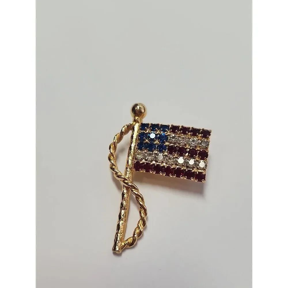 Gold-Tone Red White Blue Crystal Flag Brooch - Women Jewelry